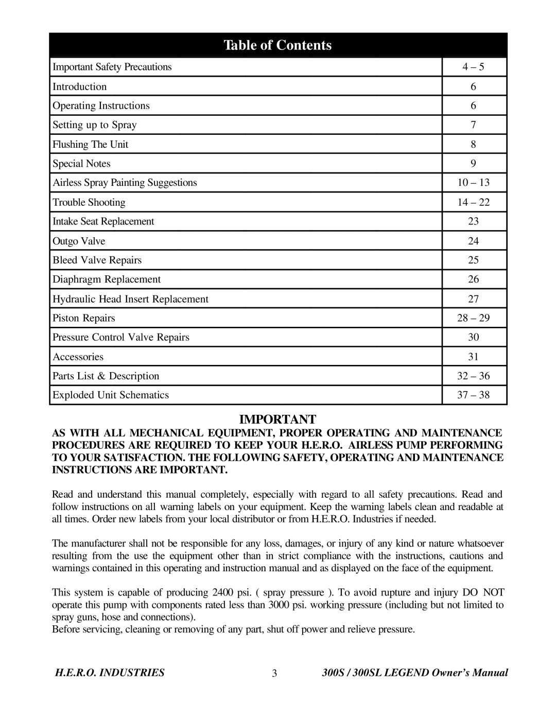 I.C.T.C. Holdings Corporation 300S Legend owner manual Table of Contents 