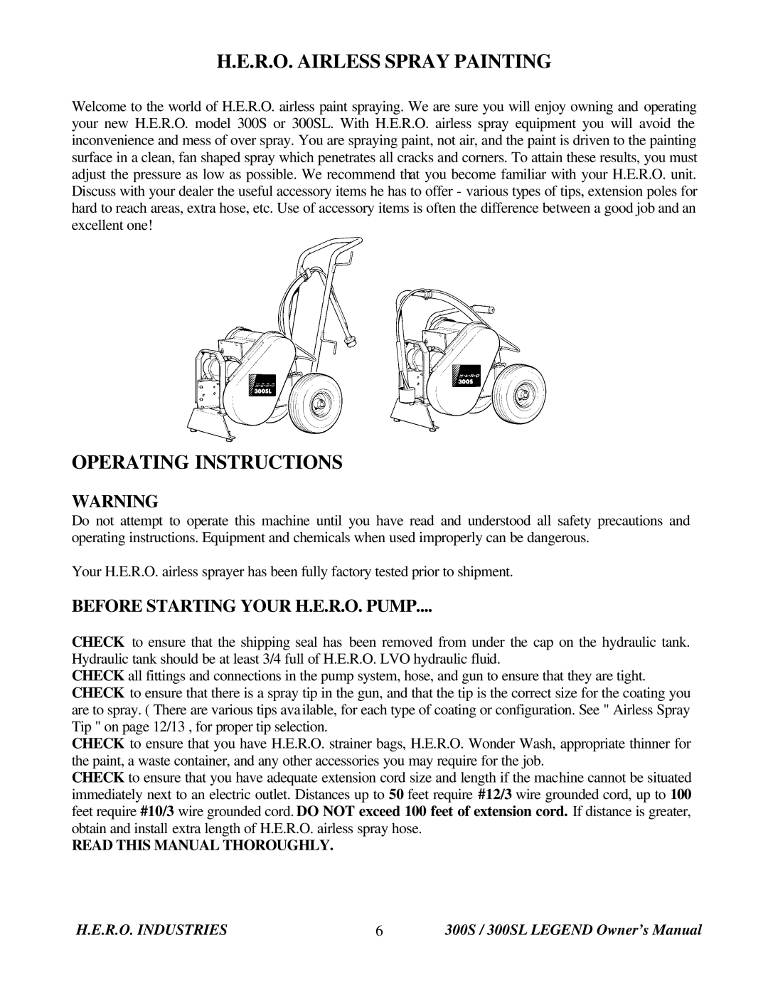 I.C.T.C. Holdings Corporation 300S Legend R.O. Airless Spray Painting, Operating Instructions, Read this Manual Thoroughly 