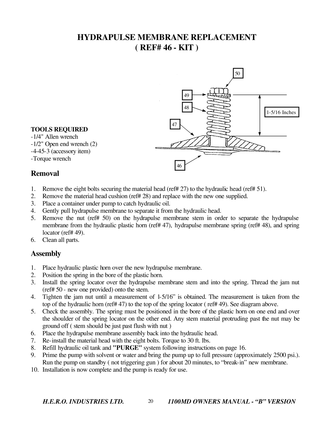 I.C.T.C. Holdings Corporation B series owner manual Hydrapulse Membrane Replacement, REF# 46 KIT 