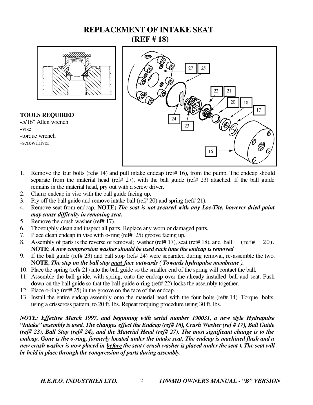 I.C.T.C. Holdings Corporation B series owner manual Replacement of Intake Seat REF # 