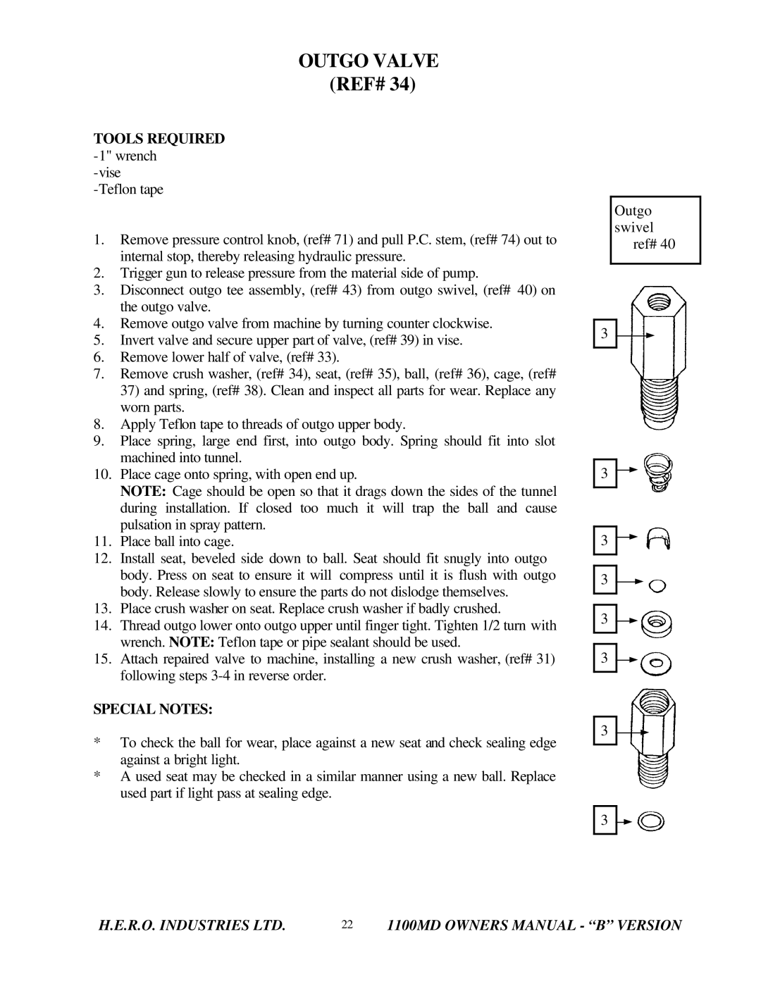 I.C.T.C. Holdings Corporation B series owner manual Outgo Valve REF#, Tools Required -1 wrench 