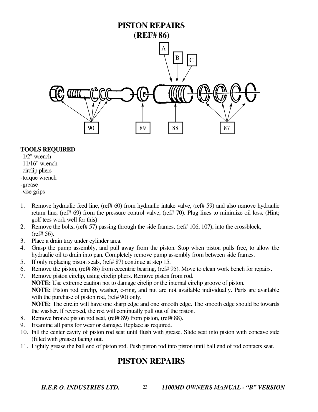 I.C.T.C. Holdings Corporation B series owner manual Piston Repairs, Ref# 