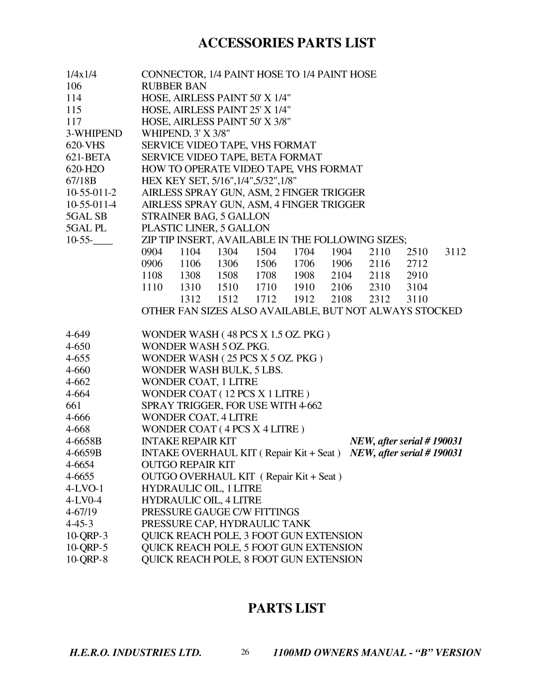 I.C.T.C. Holdings Corporation B series owner manual Accessories Parts List 