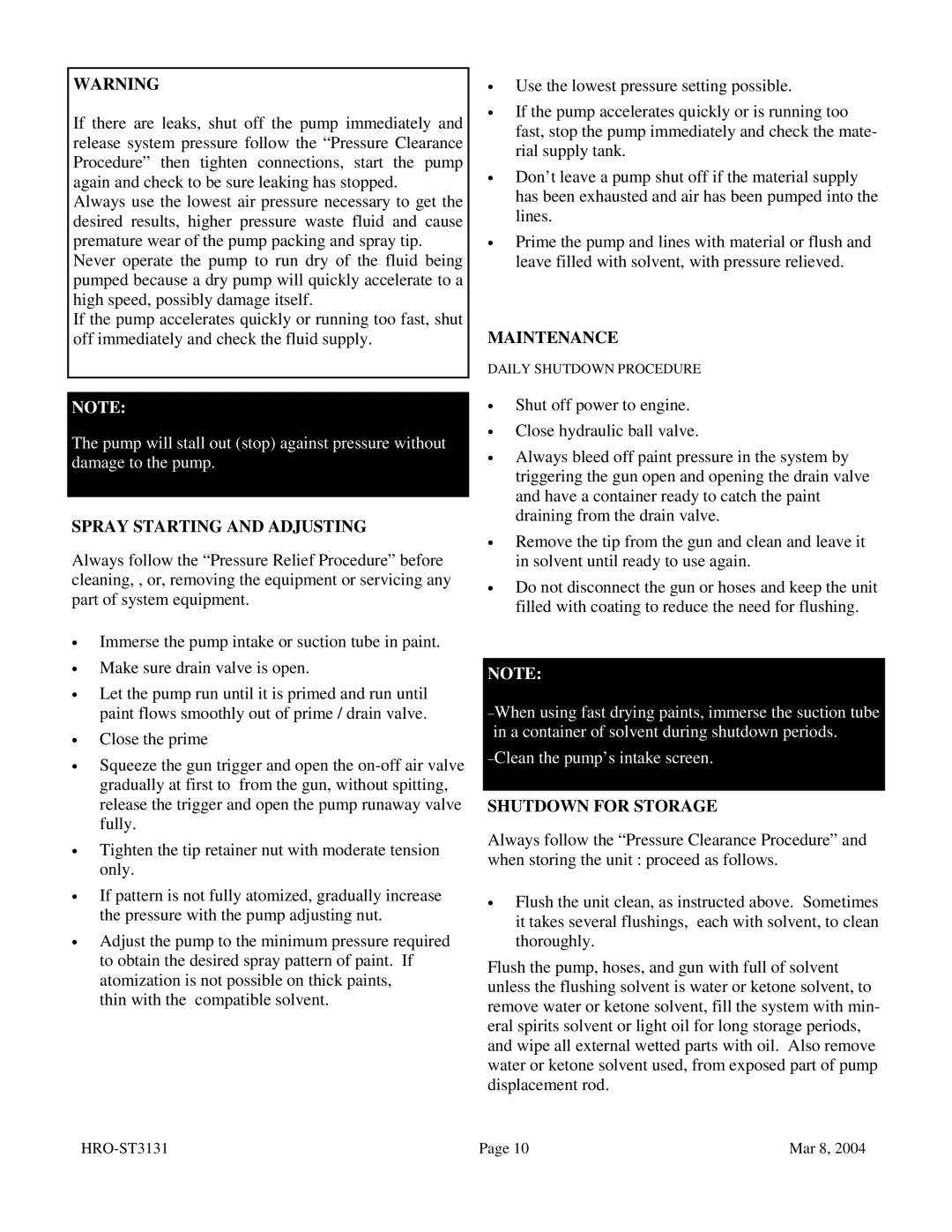 I.C.T.C. Holdings Corporation HRO-ST3131 operating instructions Spray Starting and Adjusting 