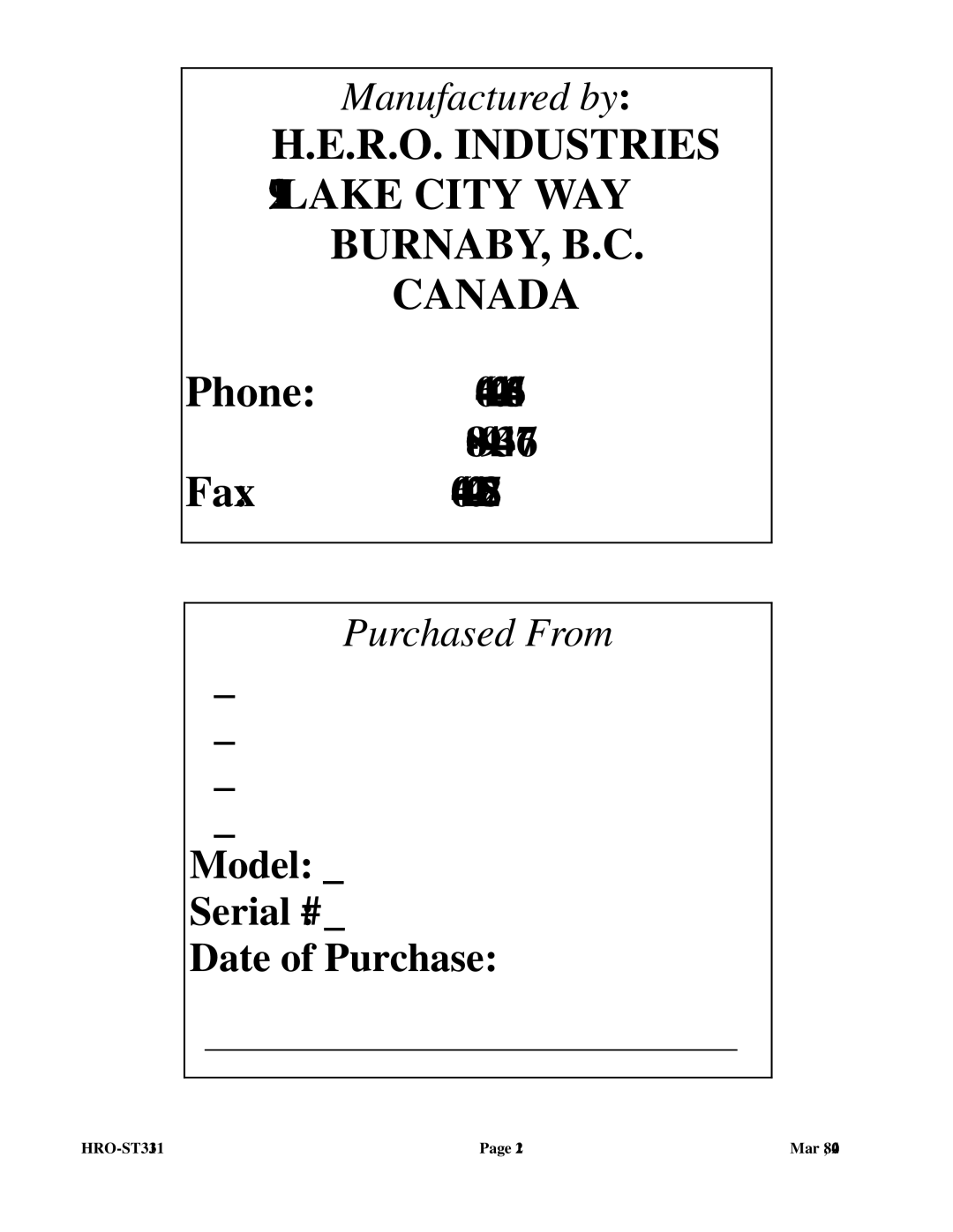 I.C.T.C. Holdings Corporation HRO-ST3131 operating instructions R.O. Industries 2719 Lake City WAY BURNABY, B.C Canada 