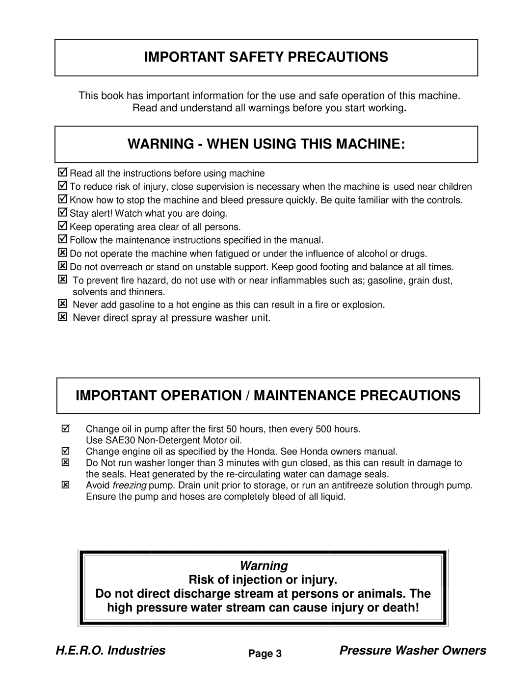 I.C.T.C. Holdings Corporation PW2424-LD manual Important Safety Precautions, Important Operation / Maintenance Precautions 