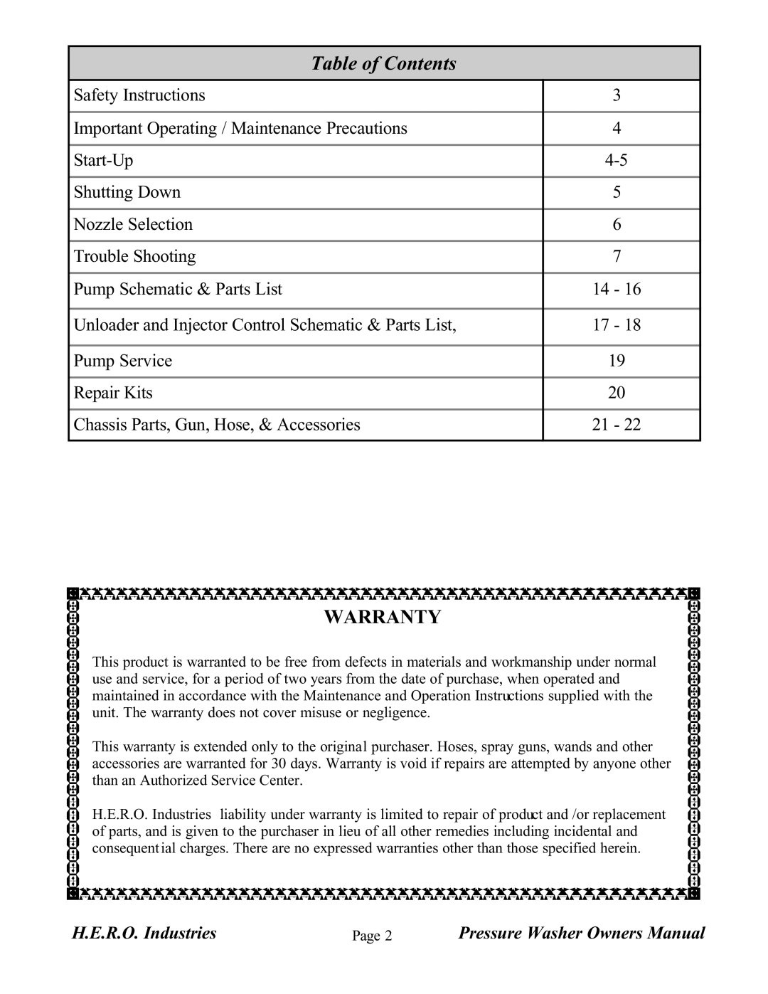 I.C.T.C. Holdings Corporation PW2000-SC, PW2700-SC, Pressure Washer owner manual Table of Contents 