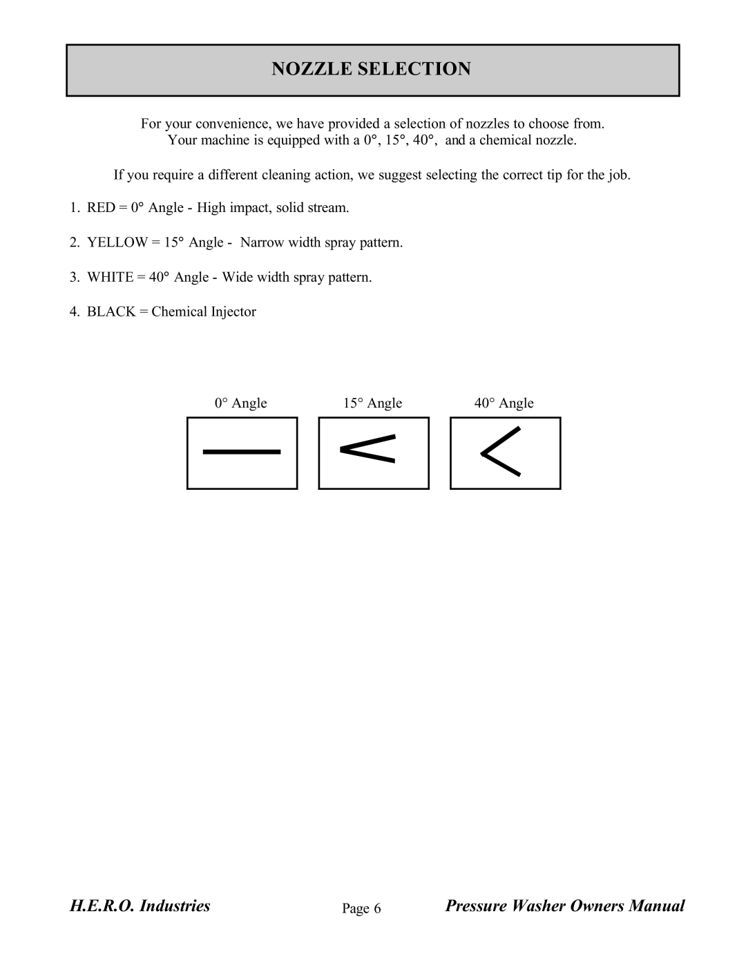 I.C.T.C. Holdings Corporation PW2700-SC, Pressure Washer, PW2000-SC owner manual Nozzle Selection 