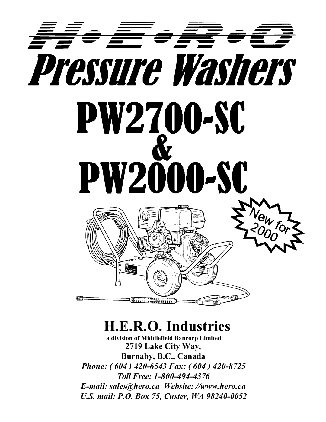 I.C.T.C. Holdings Corporation Pressure Washer owner manual Lake City Way Burnaby, B.C., Canada, H.E.R.O. Industries 