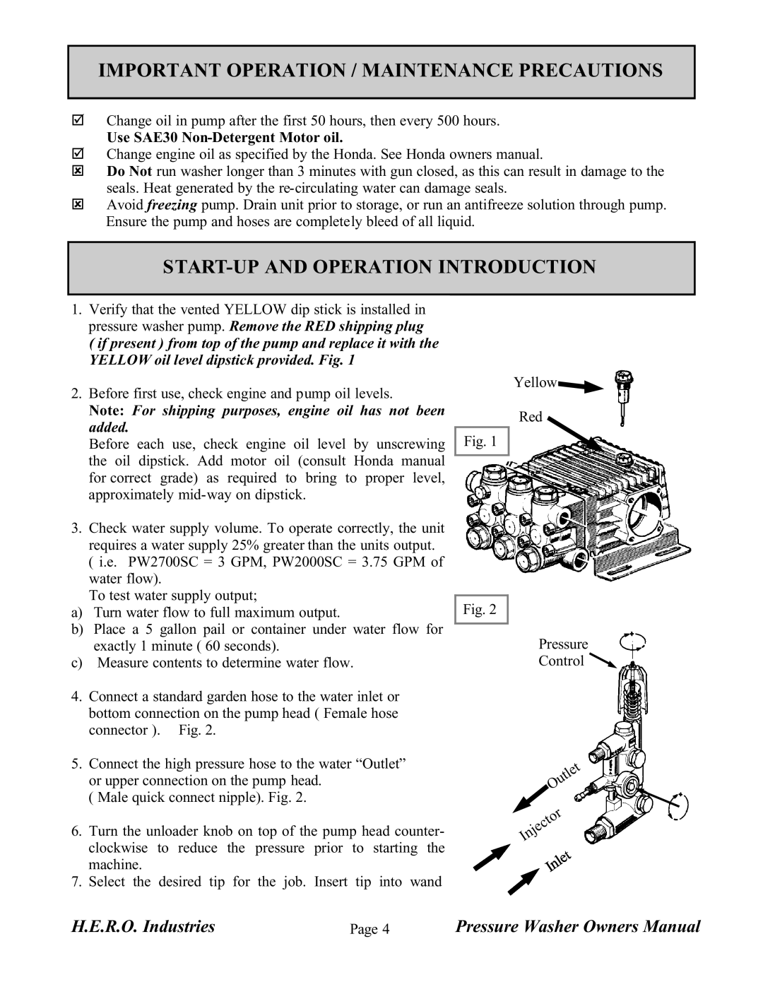I.C.T.C. Holdings Corporation Pressure Washer Important Operation / Maintenance Precautions, H.E.R.O. Industries 