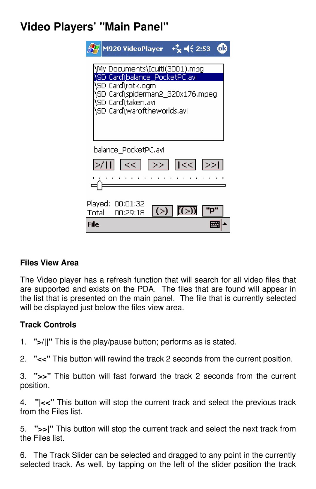 Icuiti M920-CF manual Video Players’ Main Panel, Files View Area, Track Controls 