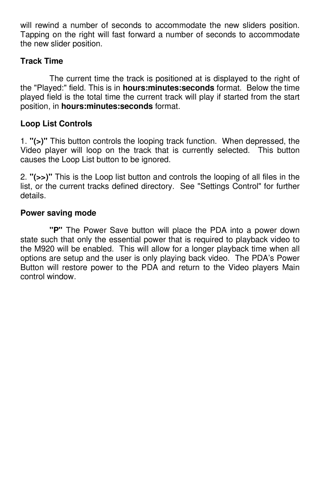 Icuiti M920-CF manual Track Time, Loop List Controls, Power saving mode 