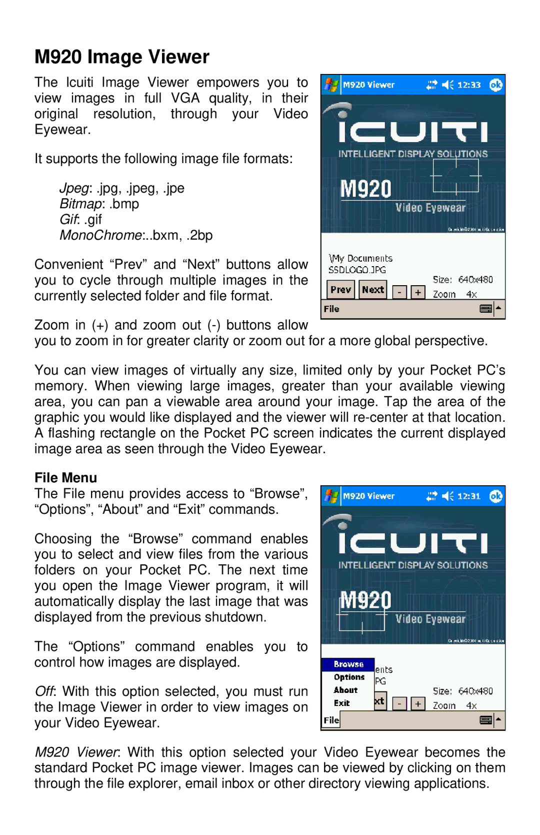 Icuiti M920-CF manual M920 Image Viewer, File Menu 