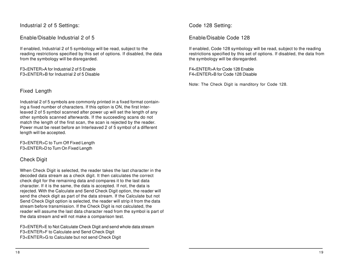 ID Tech 25, 60, 50, 30, 80, 70 Industrial 2 of 5 Settings Enable/Disable Industrial 2, Code 128 Setting Enable/Disable Code 