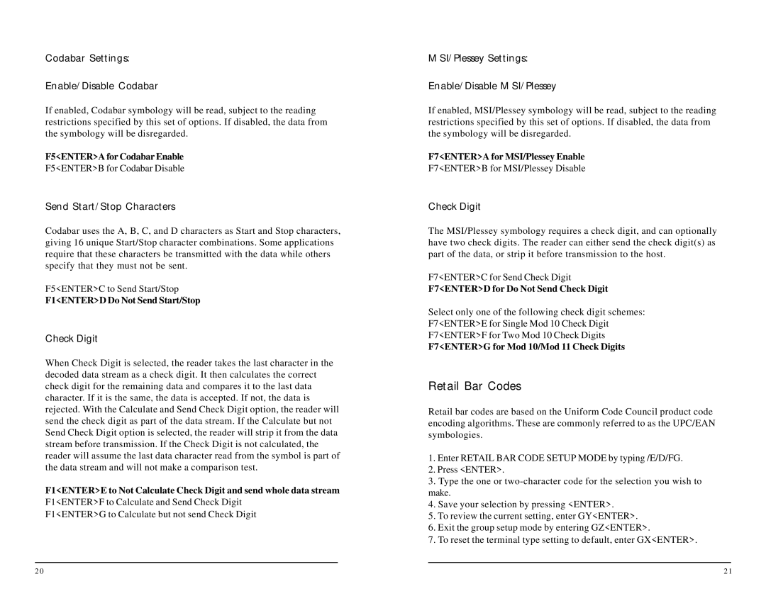 ID Tech 60, 25 Retail Bar Codes, Codabar Settings Enable/Disable Codabar, MSI/Plessey Settings Enable/Disable MSI/Plessey 