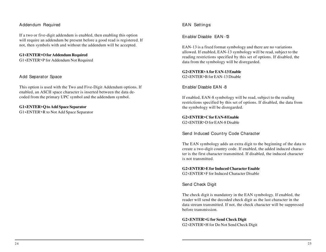 ID Tech 30, 25, 60, 50, 80 Addendum Required, Add Separator Space, EAN Settings Enable/Disable EAN-13, Enable/Disable EAN-8 