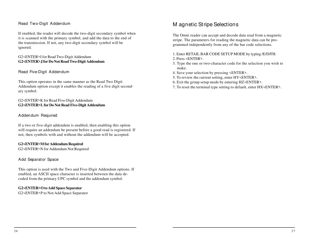 ID Tech 80, 25, 60 Magnetic Stripe Selections, G2ENTERJ for Do Not Read Two-Digit Addendum, G2ENTERM for Addendum Required 