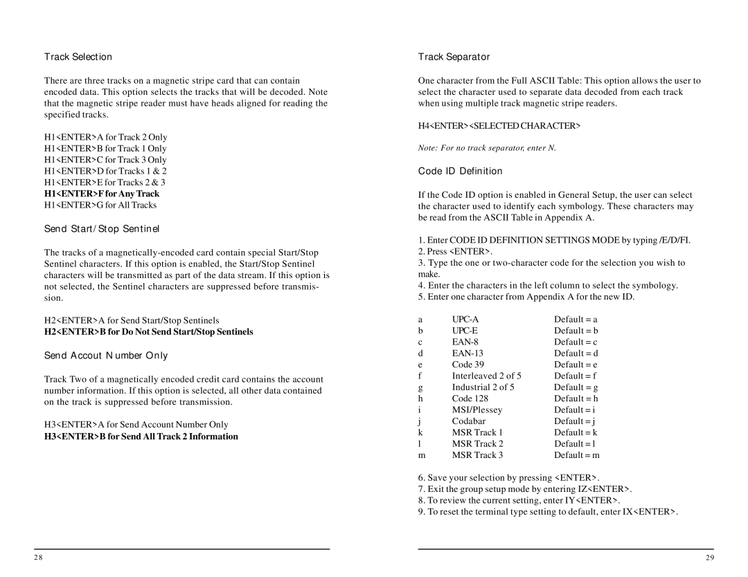 ID Tech 70, 25, 60, 50, 30, 80 Track Selection, Send Start/Stop Sentinel, Send Accout Number Only, Code ID Definition 