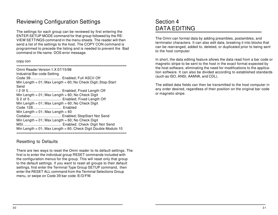 ID Tech 25, 60, 50, 30, 80, 70 user manual Reviewing Configuration Settings, Data Editing, Resetting to Defaults 