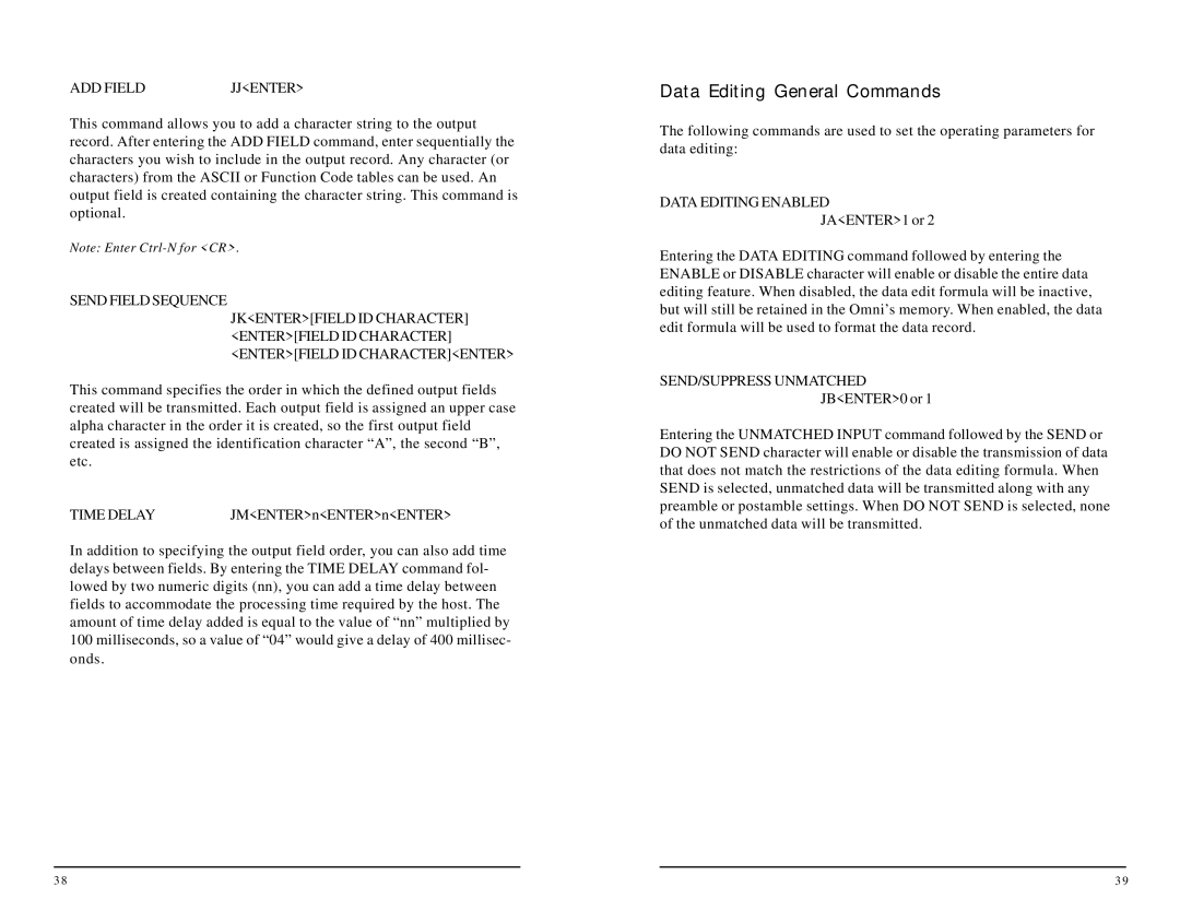 ID Tech 80, 25 Data Editing General Commands, ADD Field Jjenter, Time Delay, Data Editing Enabled, SEND/SUPPRESS Unmatched 