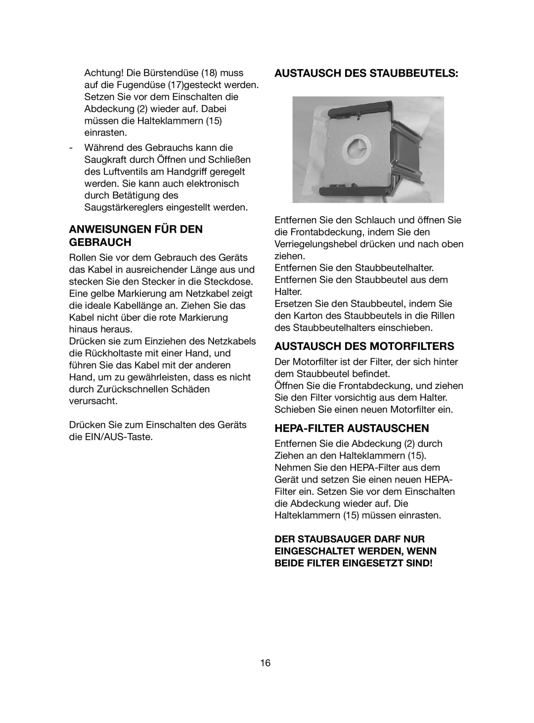 Ide Line 740-108 manual Anweisungen FÜR DEN Gebrauch, Austausch DES Staubbeutels, Austausch DES Motorfilters 