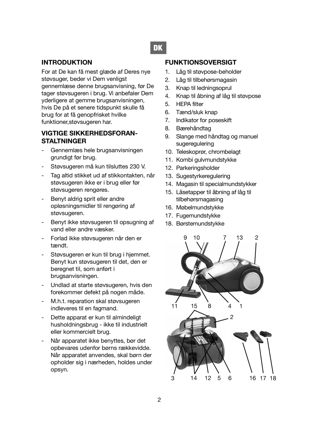 Ide Line 740-108 manual Introduktion, Vigtige SIKKERHEDSFORAN- Staltninger, Funktionsoversigt 