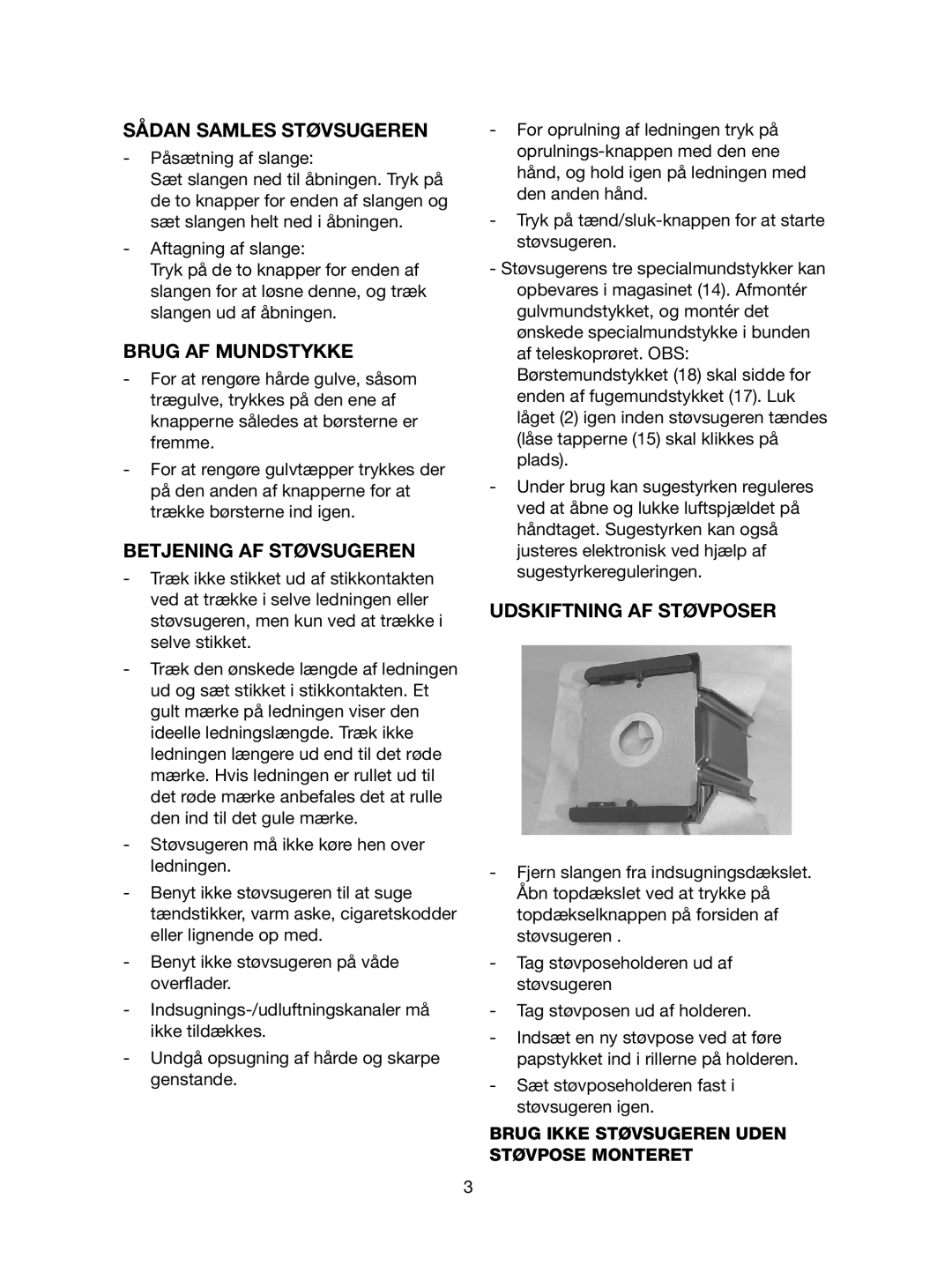 Ide Line 740-108 manual Sådan Samles Støvsugeren, Brug AF Mundstykke, Betjening AF Støvsugeren, Udskiftning AF Støvposer 