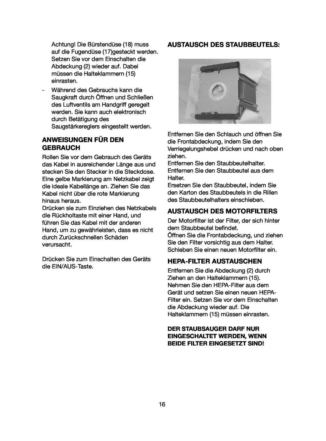 Ide Line 740-108 manual Anweisungen Für Den Gebrauch, Austausch Des Staubbeutels, Austausch Des Motorfilters 