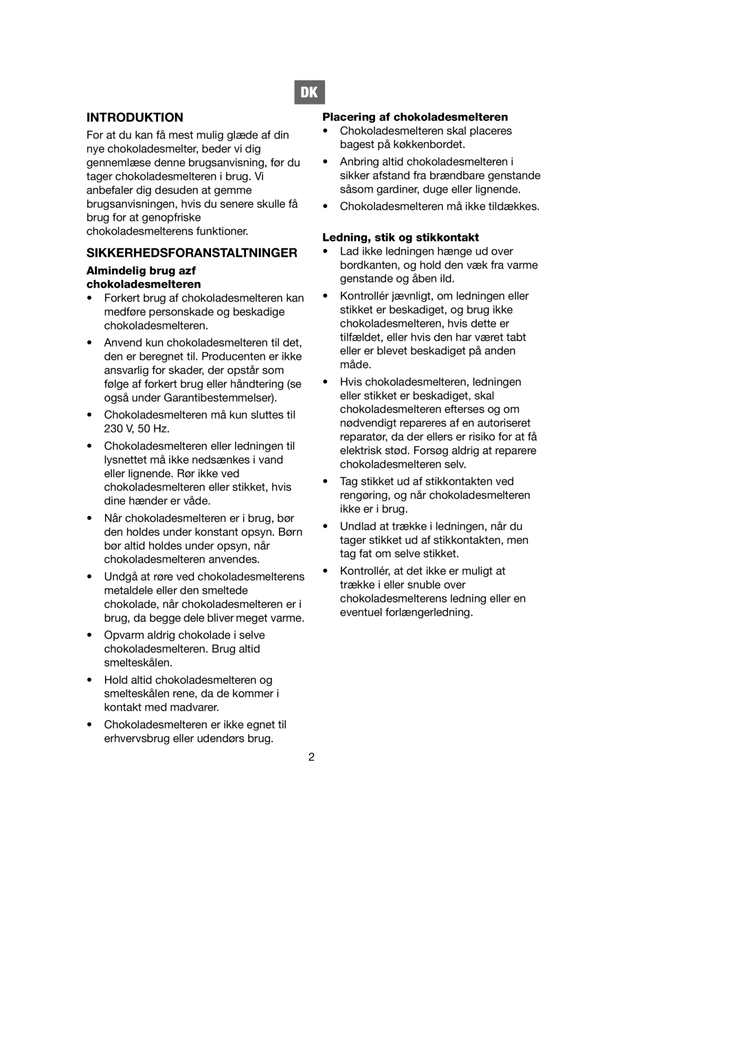 Ide Line 743-089 manual Introduktion, Sikkerhedsforanstaltninger, Almindelig brug azf chokoladesmelteren 