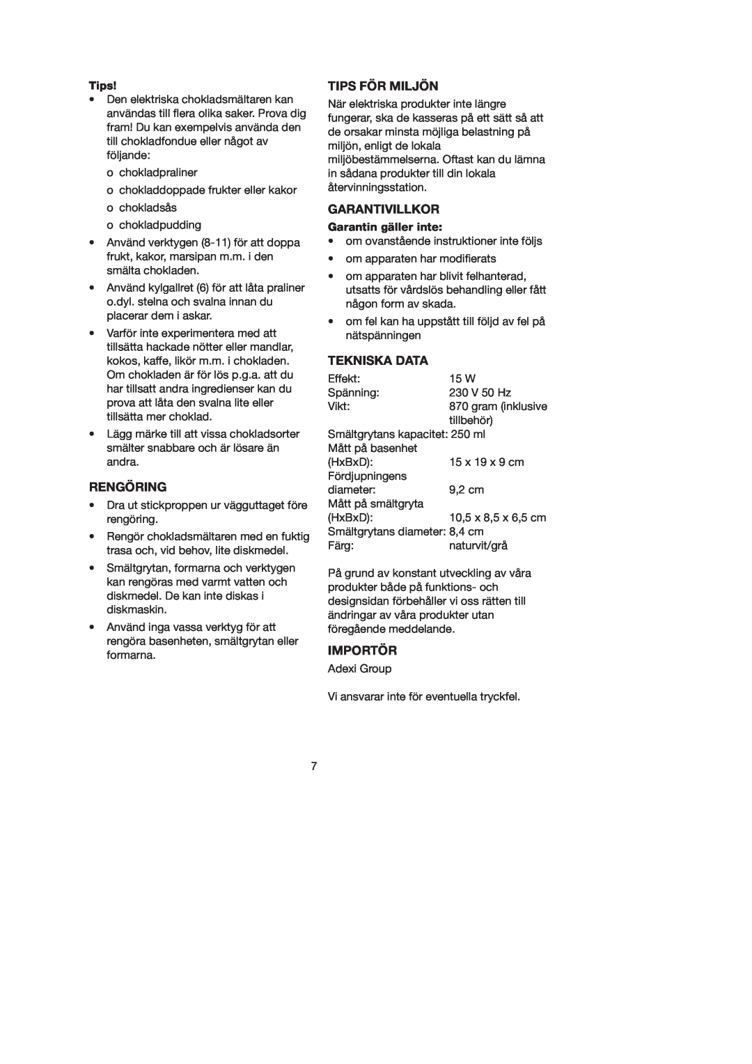 Ide Line 743-089 manual Rengöring, Tips För Miljön, Garantivillkor, Tekniska Data, Importör 