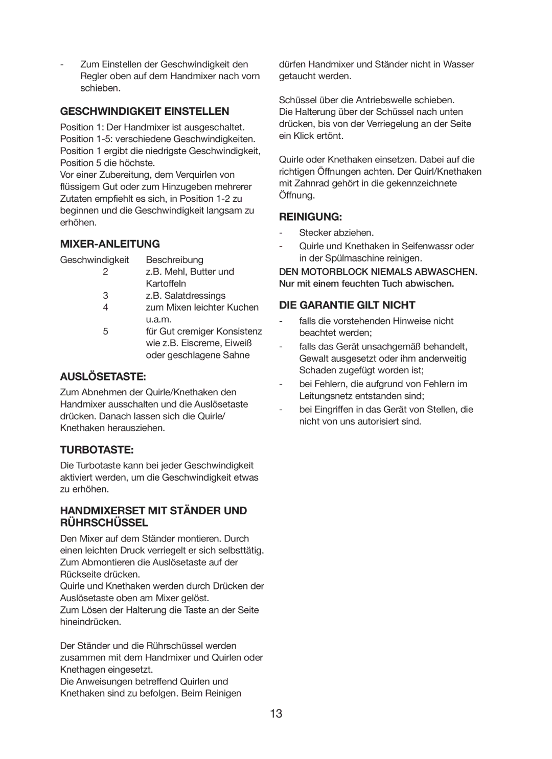 Ide Line 746-087 Geschwindigkeit Einstellen, Mixer-Anleitung, Auslösetaste, Turbotaste, Reinigung, DIE Garantie Gilt Nicht 