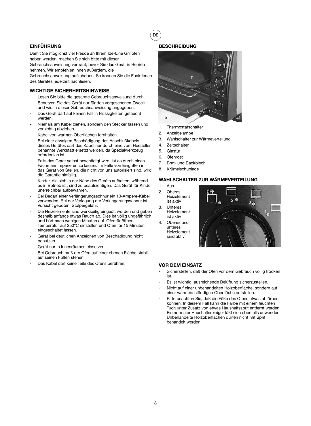 Ide Line 751-079 Einführung, Wichtige Sicherheitshinweise, Beschreibung, Wahlschalter ZUR Wärmeverteilung, VOR DEM Einsatz 