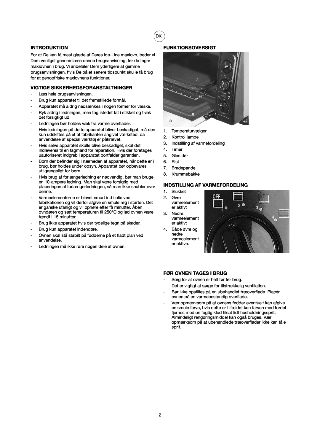 Ide Line 751-079 manual Introduktion, Vigtige Sikkerhedsforanstaltninger, Funktionsoversigt, Indstilling Af Varmefordeling 