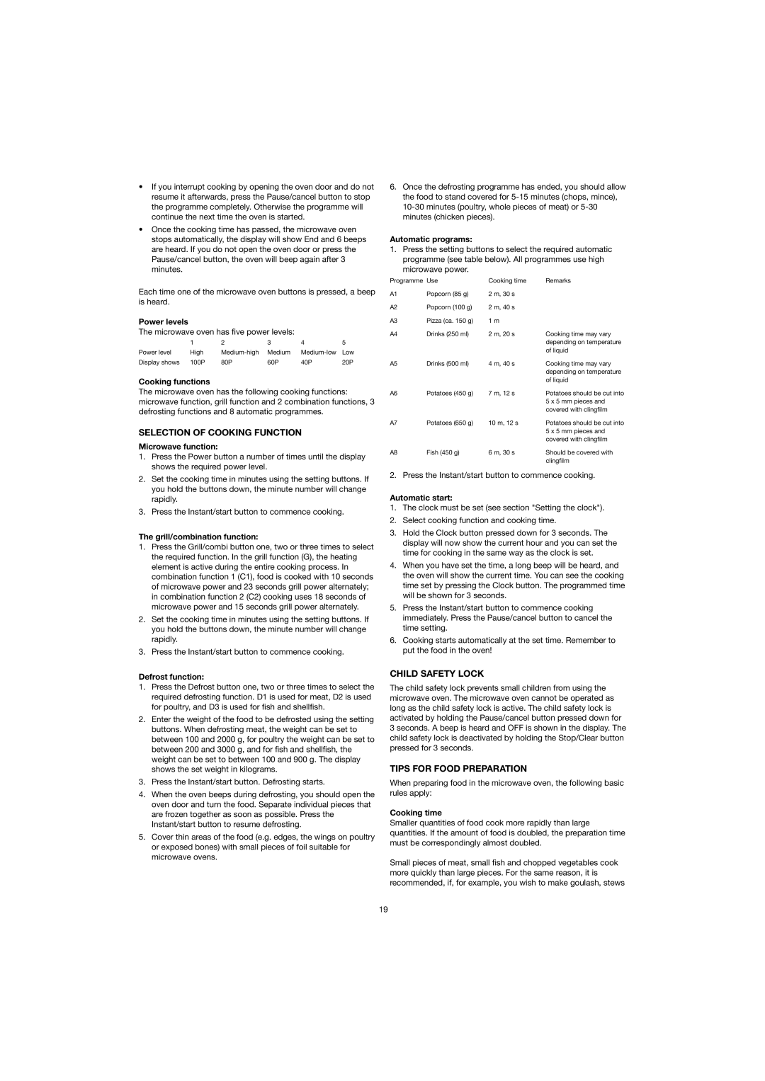 Ide Line 753-082 manual Selection of Cooking Function, Child Safety Lock, Tips for Food Preparation 