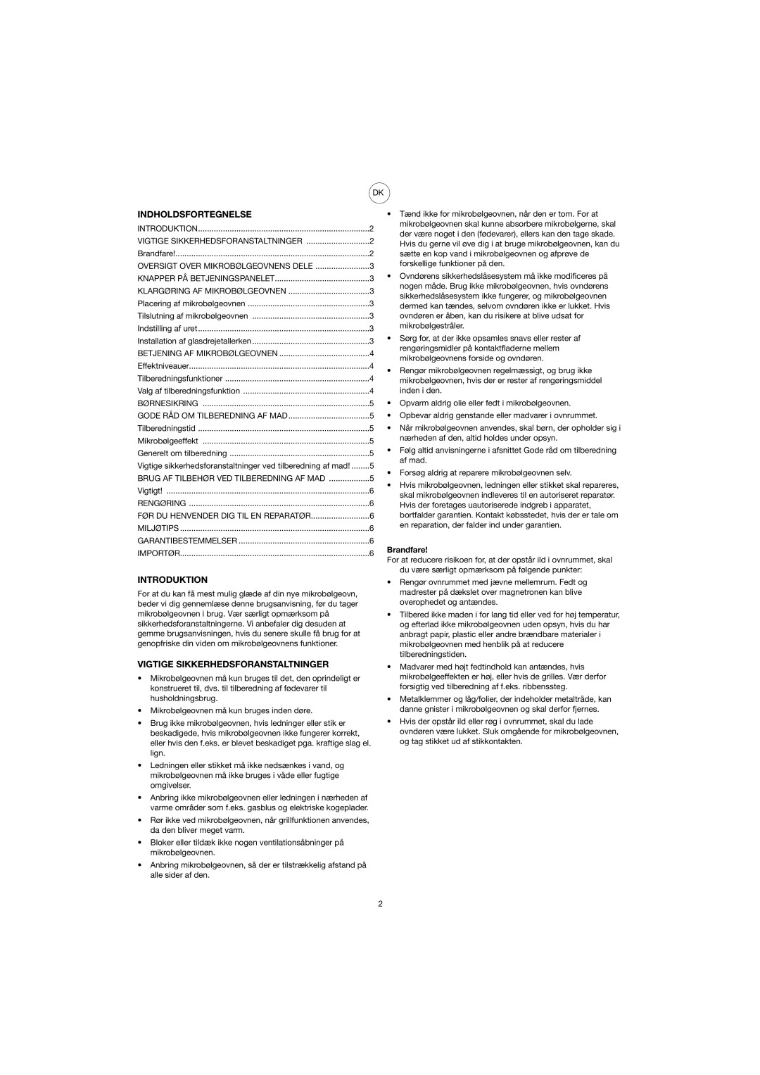 Ide Line 753-082 manual Indholdsfortegnelse, Introduktion, Vigtige Sikkerhedsforanstaltninger, Brandfare 