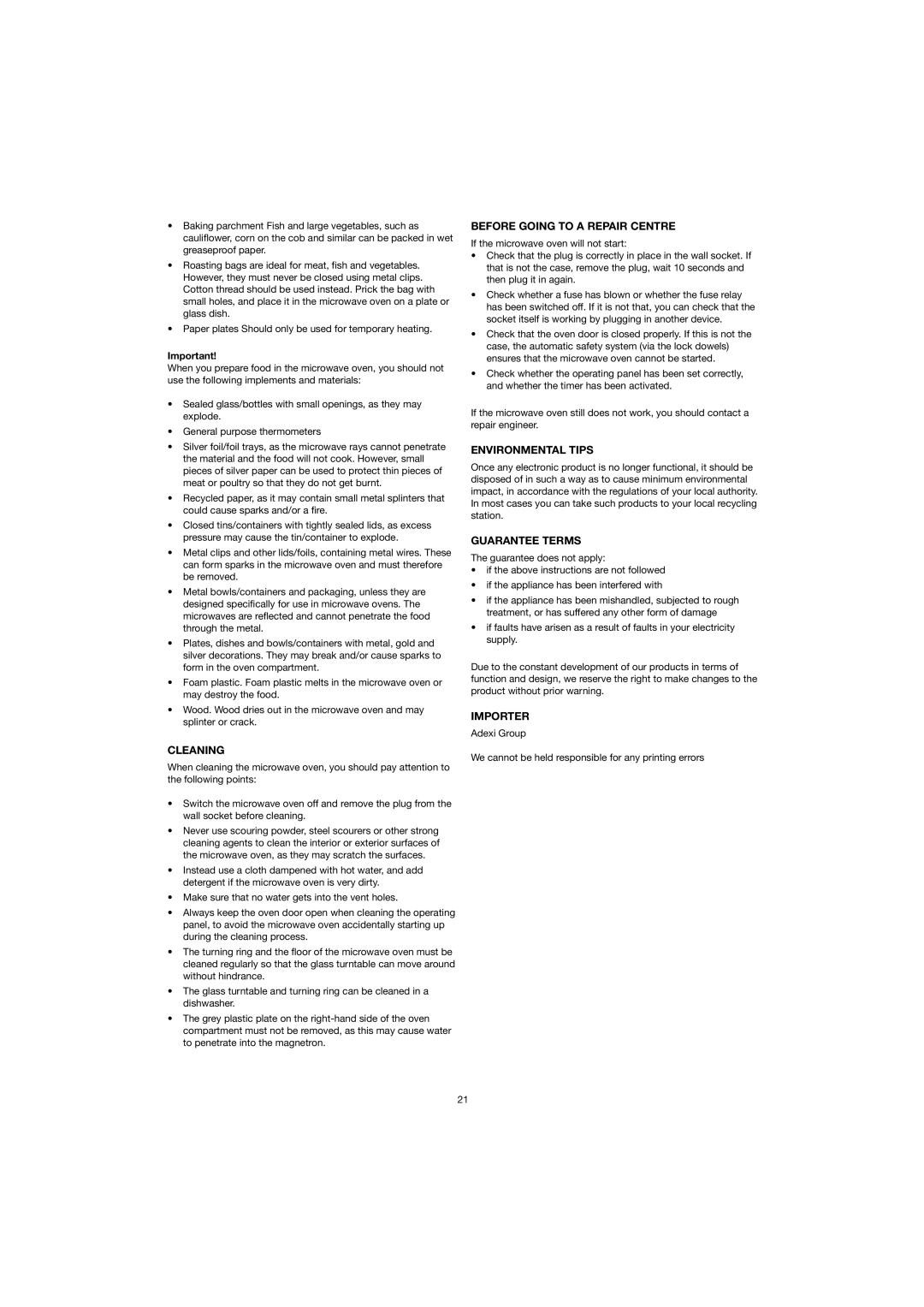 Ide Line 753-082 manual Cleaning, Before Going to a Repair Centre, Environmental Tips, Guarantee Terms, Importer 