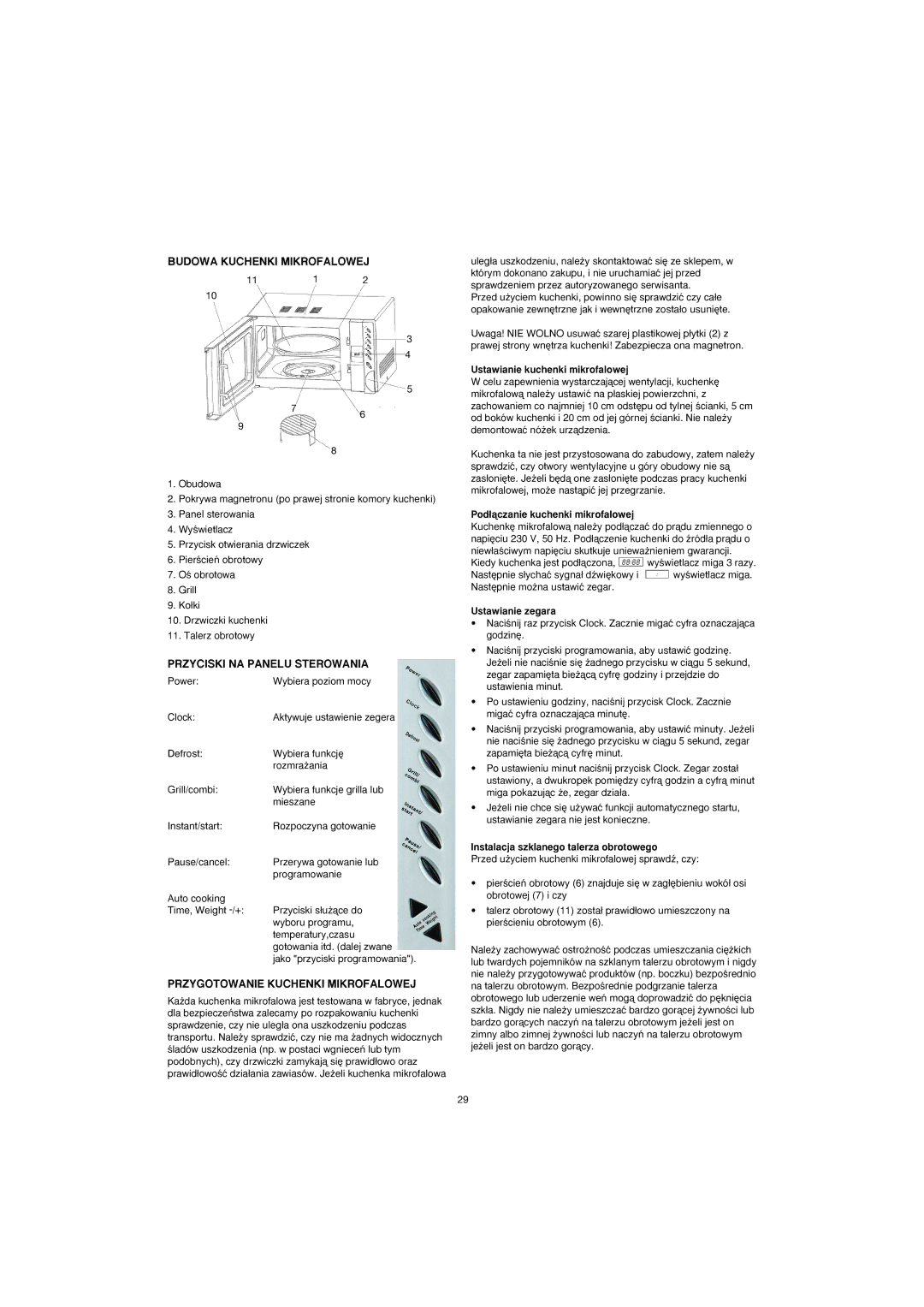 Ide Line 753-082 manual Budowa Kuchenki Mikrofalowej, Przyciski NA Panelu Sterowania, Przygotowanie Kuchenki Mikrofalowej 