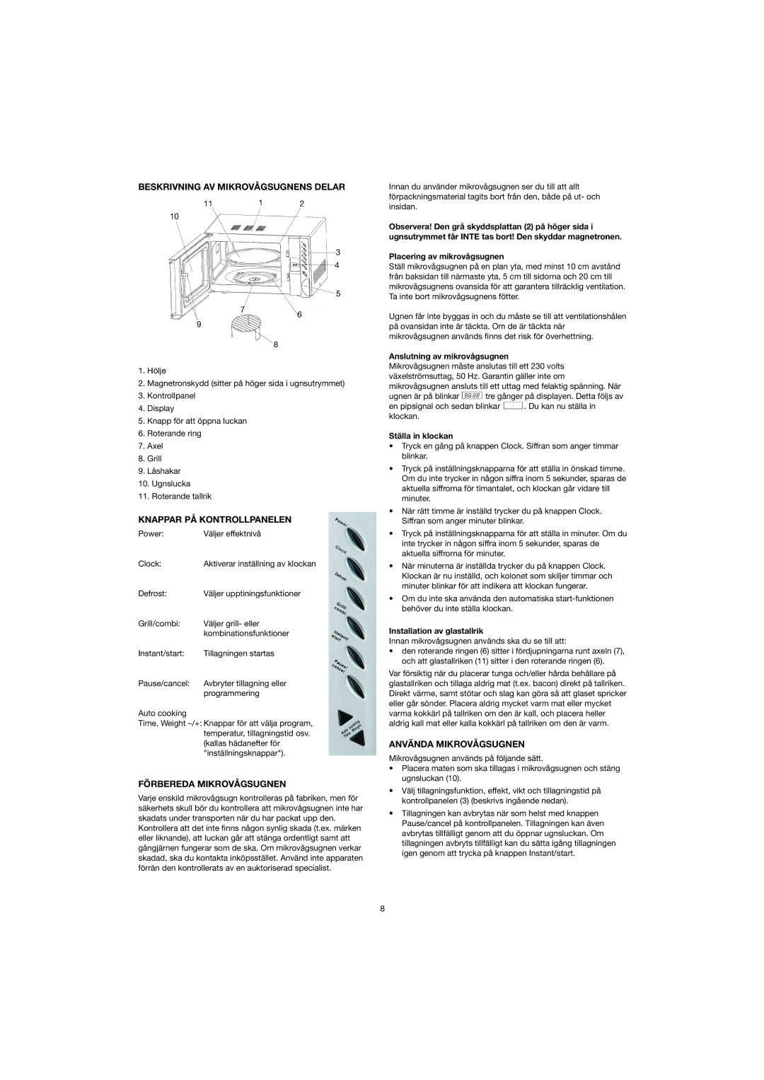 Ide Line 753-082 manual Beskrivning AV Mikrovågsugnens Delar, Knappar PÅ Kontrollpanelen, Förbereda Mikrovågsugnen 