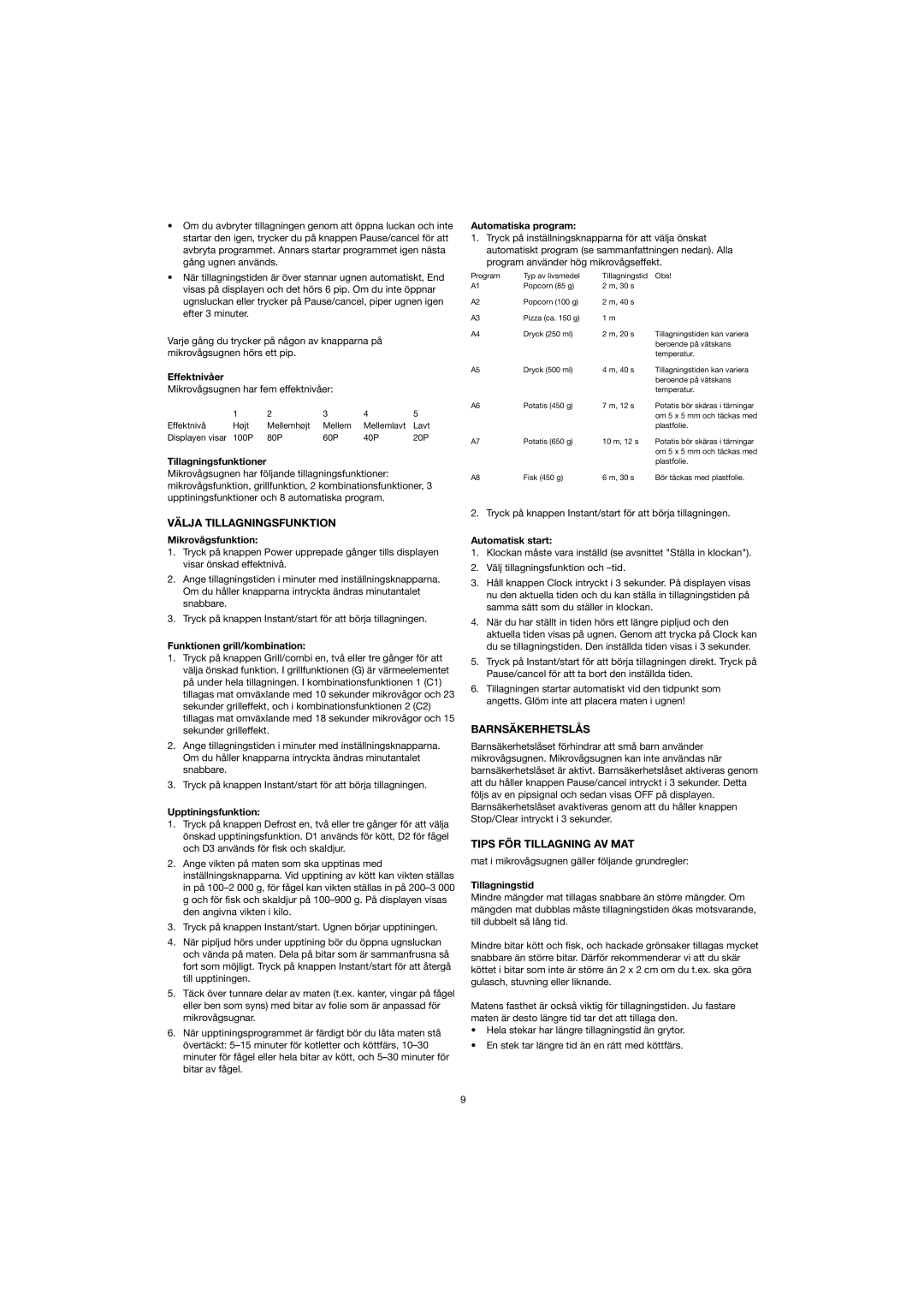 Ide Line 753-082 manual Välja Tillagningsfunktion, Barnsäkerhetslås, Tips FÖR Tillagning AV MAT 