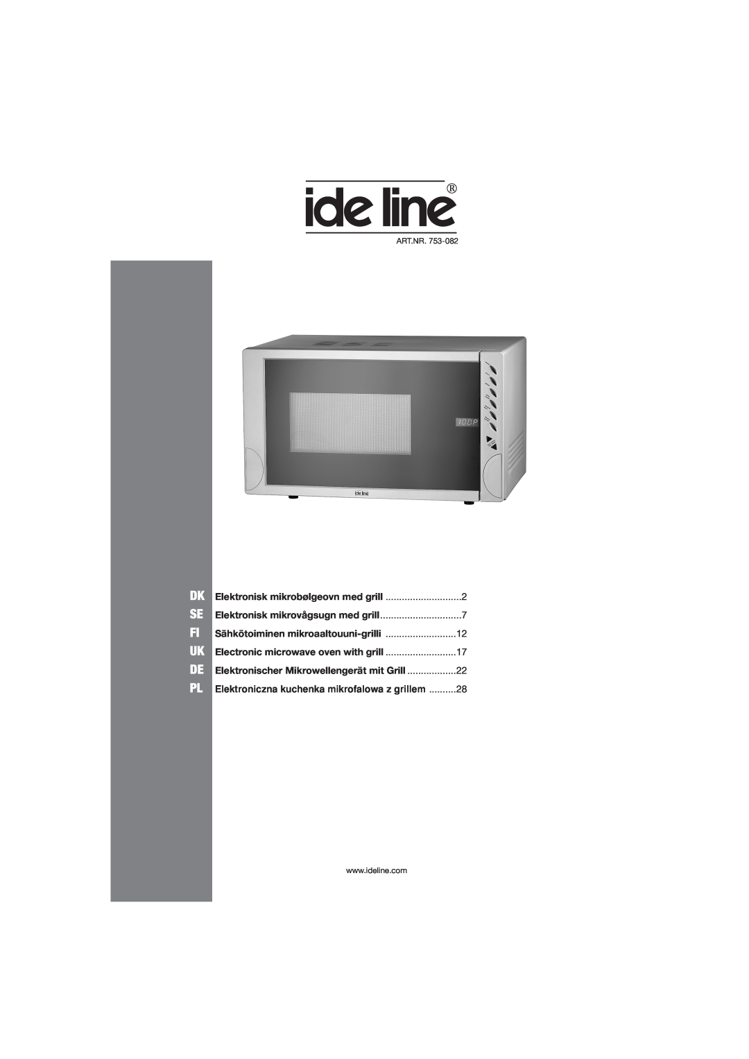 Ide Line 753-082 manual Elektronisk mikrobølgeovn med grill, Elektronisk mikrovågsugn med grill, Dk Se Fi Uk De Pl 