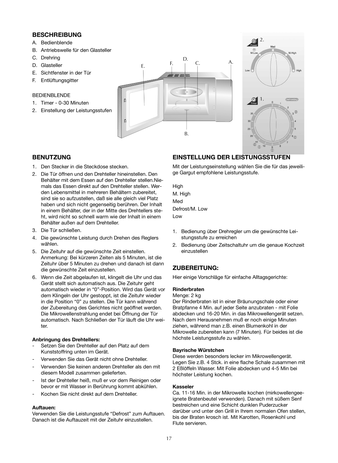 Ide Line 753-122 manual Beschreibung, Benutzung, Einstellung DER Leistungsstufen, Zubereitung 