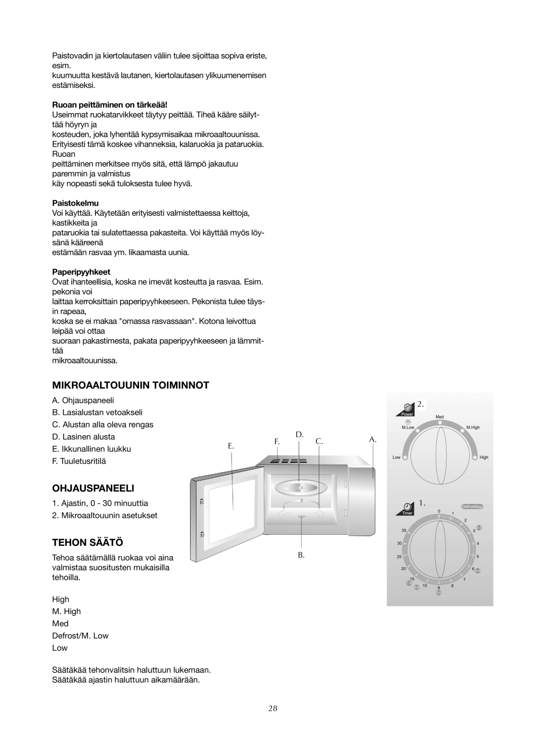 Ide Line 753-122 manual Mikroaaltouunin Toiminnot, Ohjauspaneeli, Tehon Säätö 