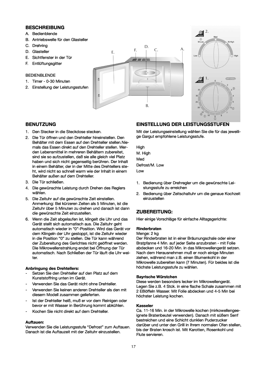 Ide Line 753-122 manual Beschreibung, Benutzung, Einstellung Der Leistungsstufen, Zubereitung, Anbringung des Drehtellers 