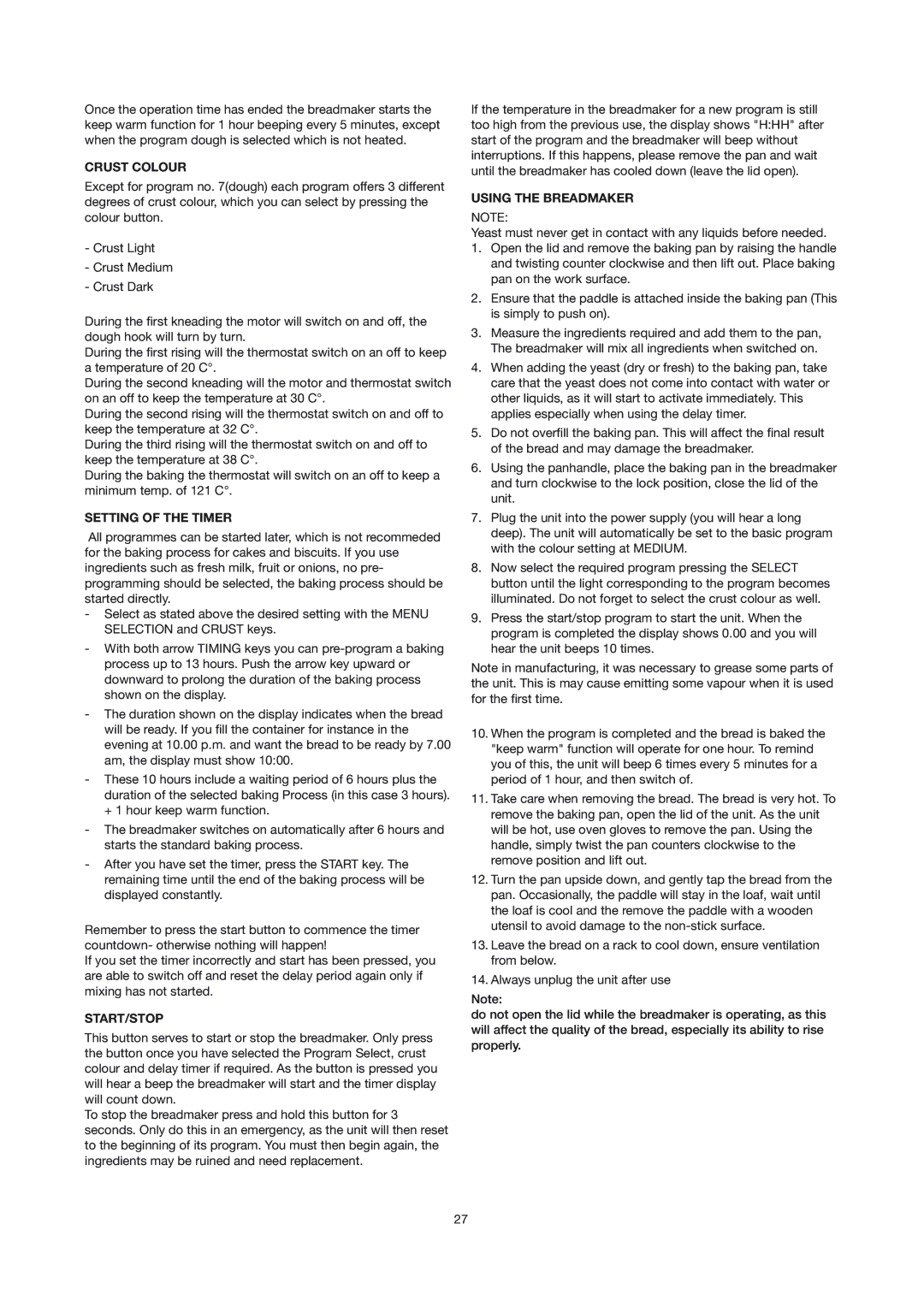 Ide Line XBM938 manual Crust Colour, Setting of the Timer, Using the Breadmaker 