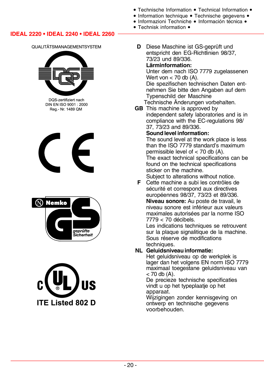 IDEAL INDUSTRIES 2260-Cross/Cut, 2220, IDEAL 2260 Lärminformation, Sound level information, NL Geluidsniveau informatie 