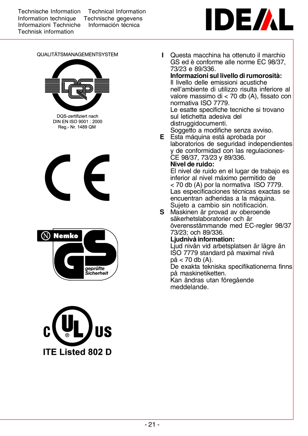 IDEAL INDUSTRIES 2240-Cross/Cut, IDEAL 2260, IDEAL 2220, IDEAL 2240, 2260-Cross/Cut Nivel de ruido, Ljudnivå information 