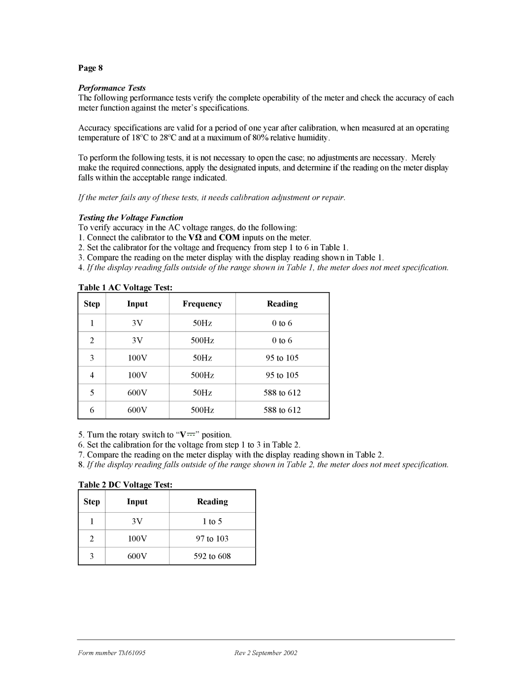 IDEAL INDUSTRIES 61-095 Performance Tests, Testing the Voltage Function, AC Voltage Test Step Input Frequency Reading 