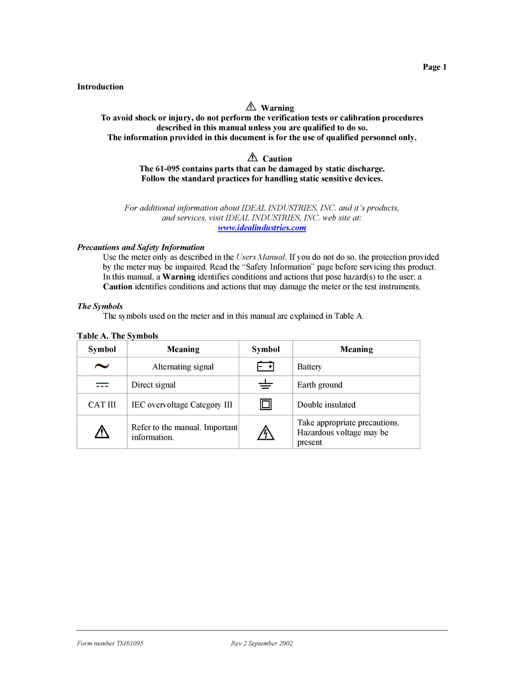 IDEAL INDUSTRIES 61-095 technical manual Precautions and Safety Information Symbols, Table A. The Symbols Meaning 