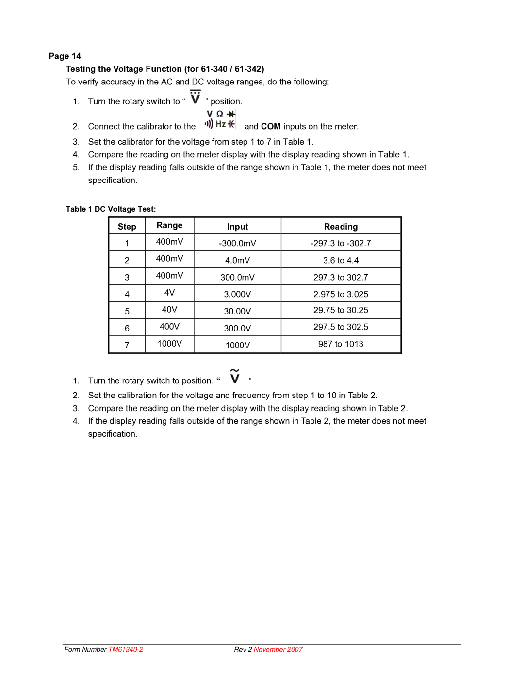 IDEAL INDUSTRIES technical manual Testing the Voltage Function for 61-340, Step Range Input Reading 