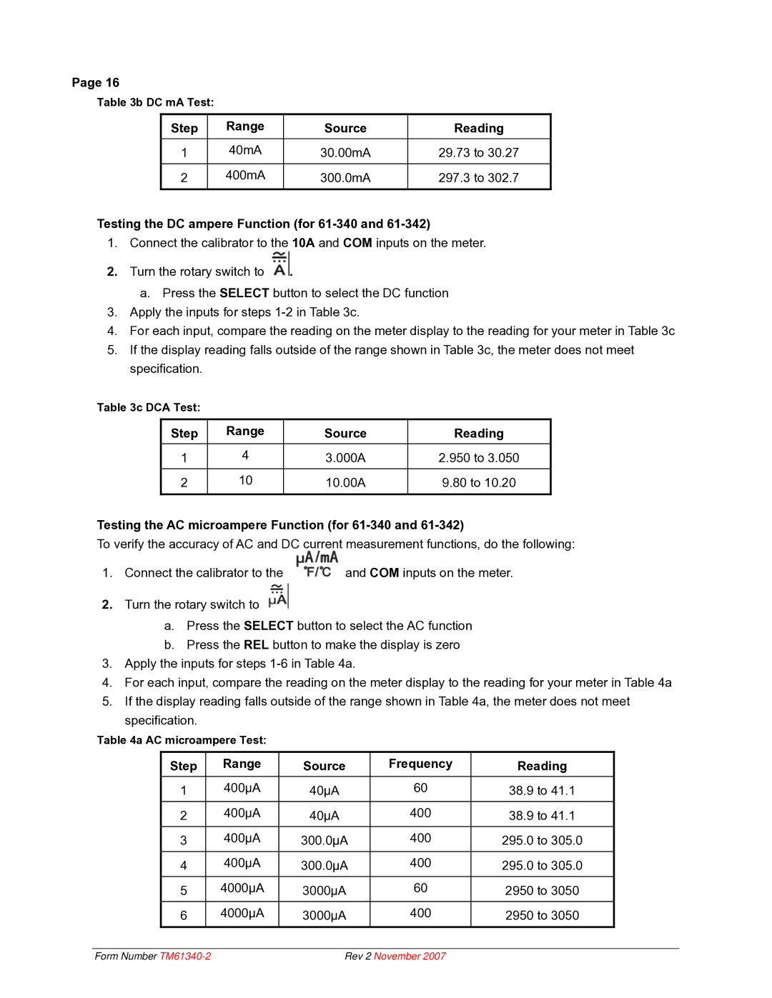 IDEAL INDUSTRIES Testing the DC ampere Function for 61-340, Testing the AC microampere Function for 61-340 